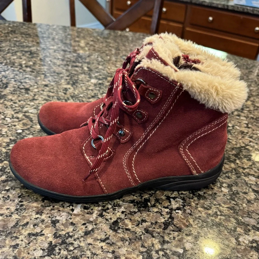 Earth Origins Leather Fur Ankle Boots Suede Burgundy 11 Comfort Walking Gorpcore - Picture 4 of 14